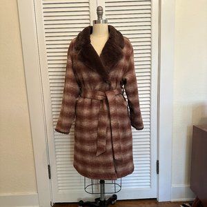 MOUSSY BROWN PLAID WOOL COAT WITH FAUX FUR LINING. SIZE 1/SMALL. NWOT